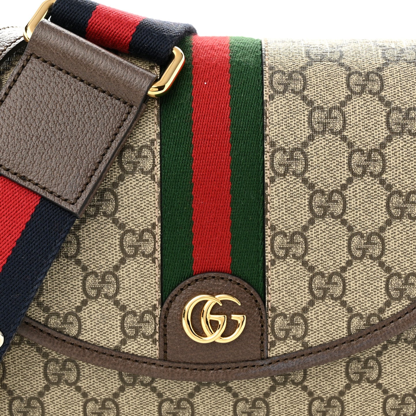 GG Supreme Monogram Textured Dollar Calfskin Web Studded Mini Ophidia Flap Shoulder Bag Beige Ebony New Acero