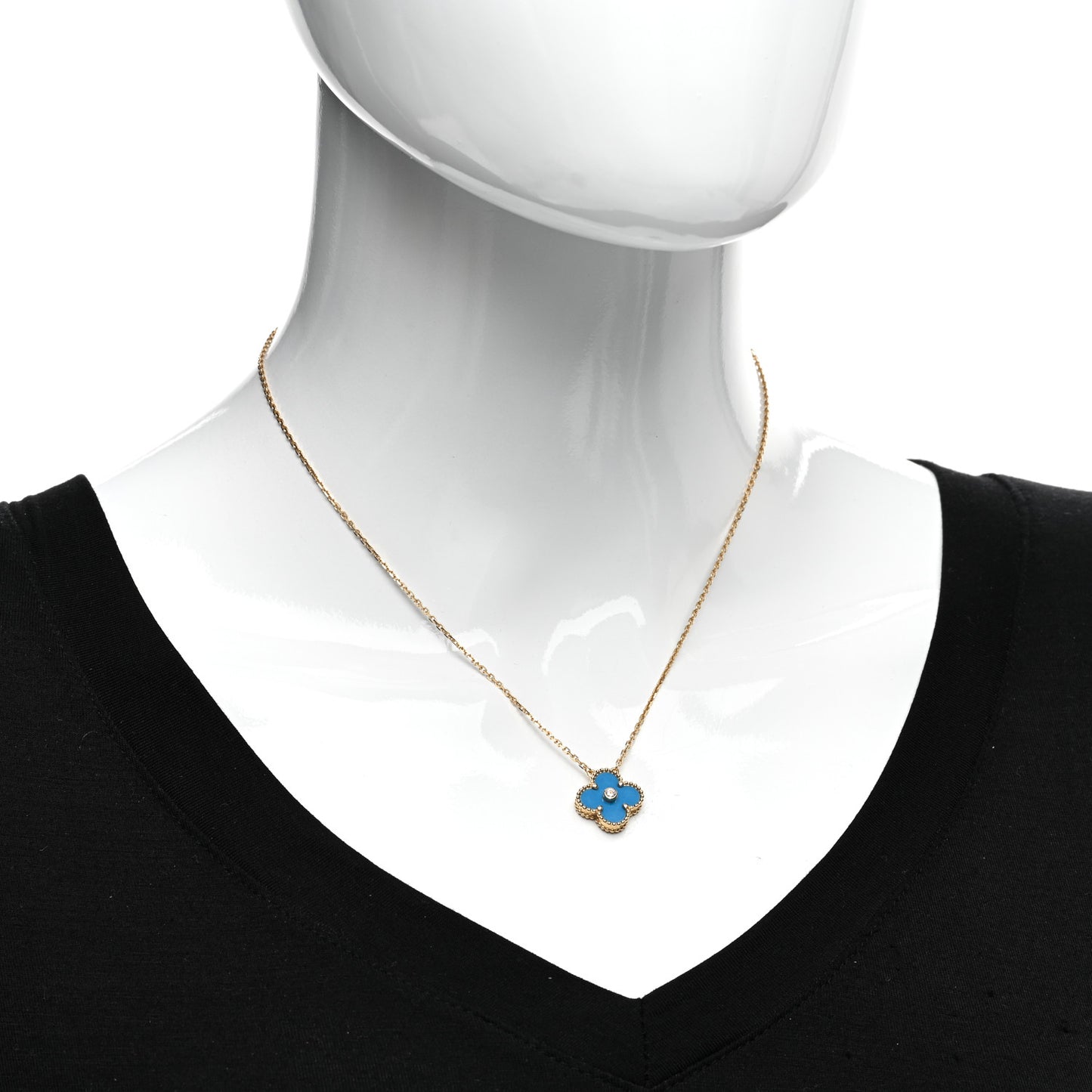 18K Yellow Gold Diamond Celestial Blue Sevres Porcelain Vintage Alhambra Pendant Necklace