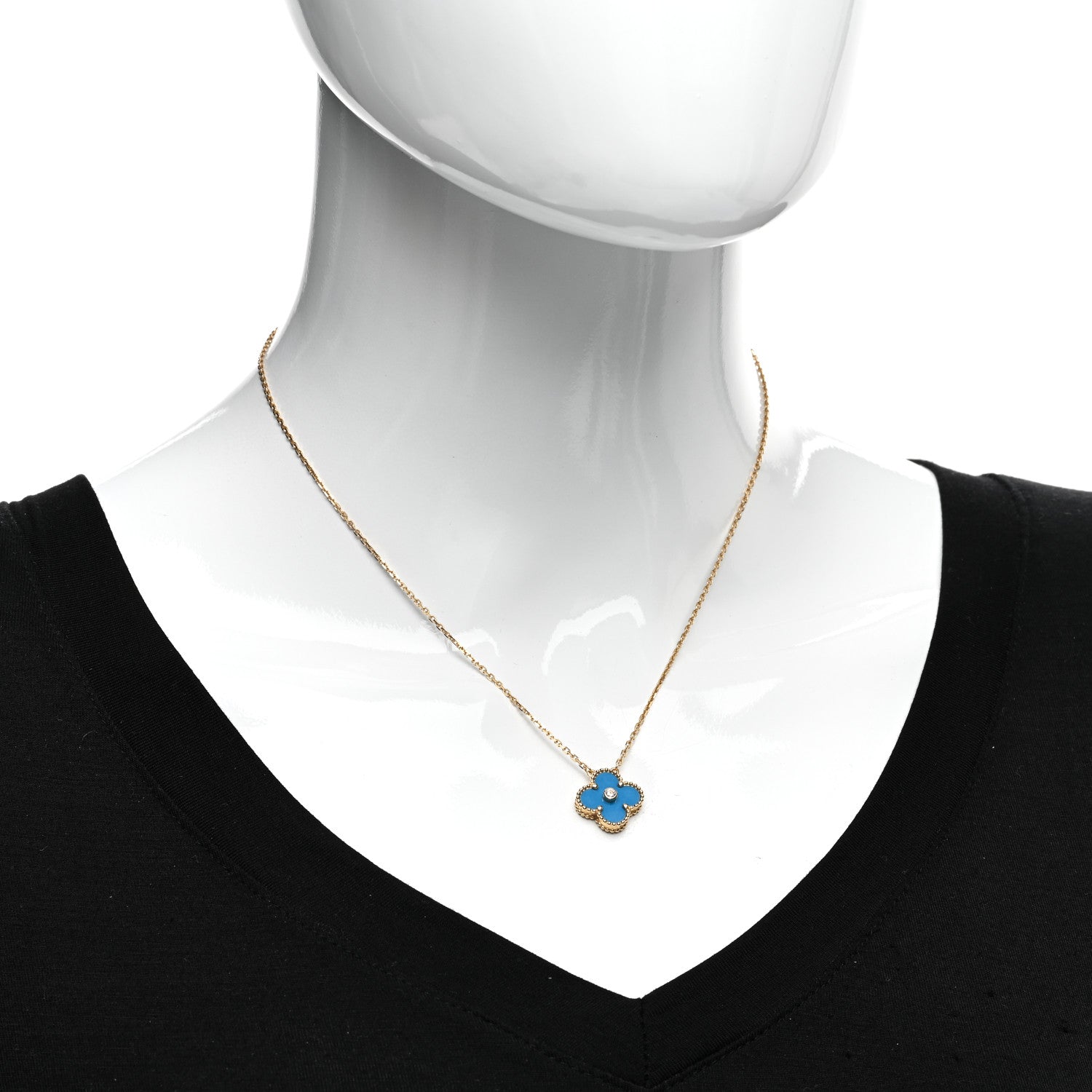 Van Cleef & Arpels 18K Yellow Gold Diamond Celestial Blue Sevres Porcelain Vintage Alhambra Pendant Necklace 2 of 6