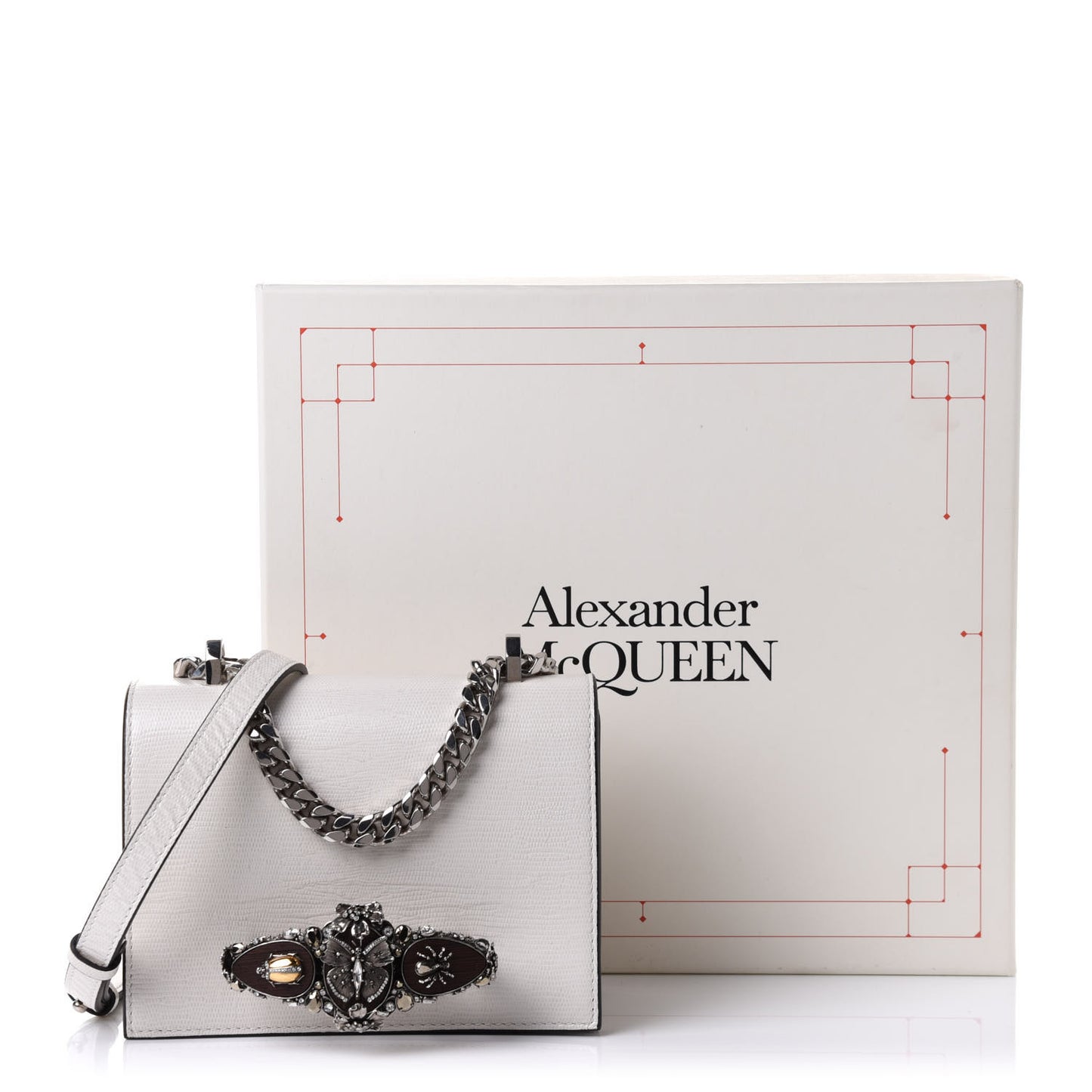 Lizard Embossed Calfskin Butterfly Knuckle Crossbody White