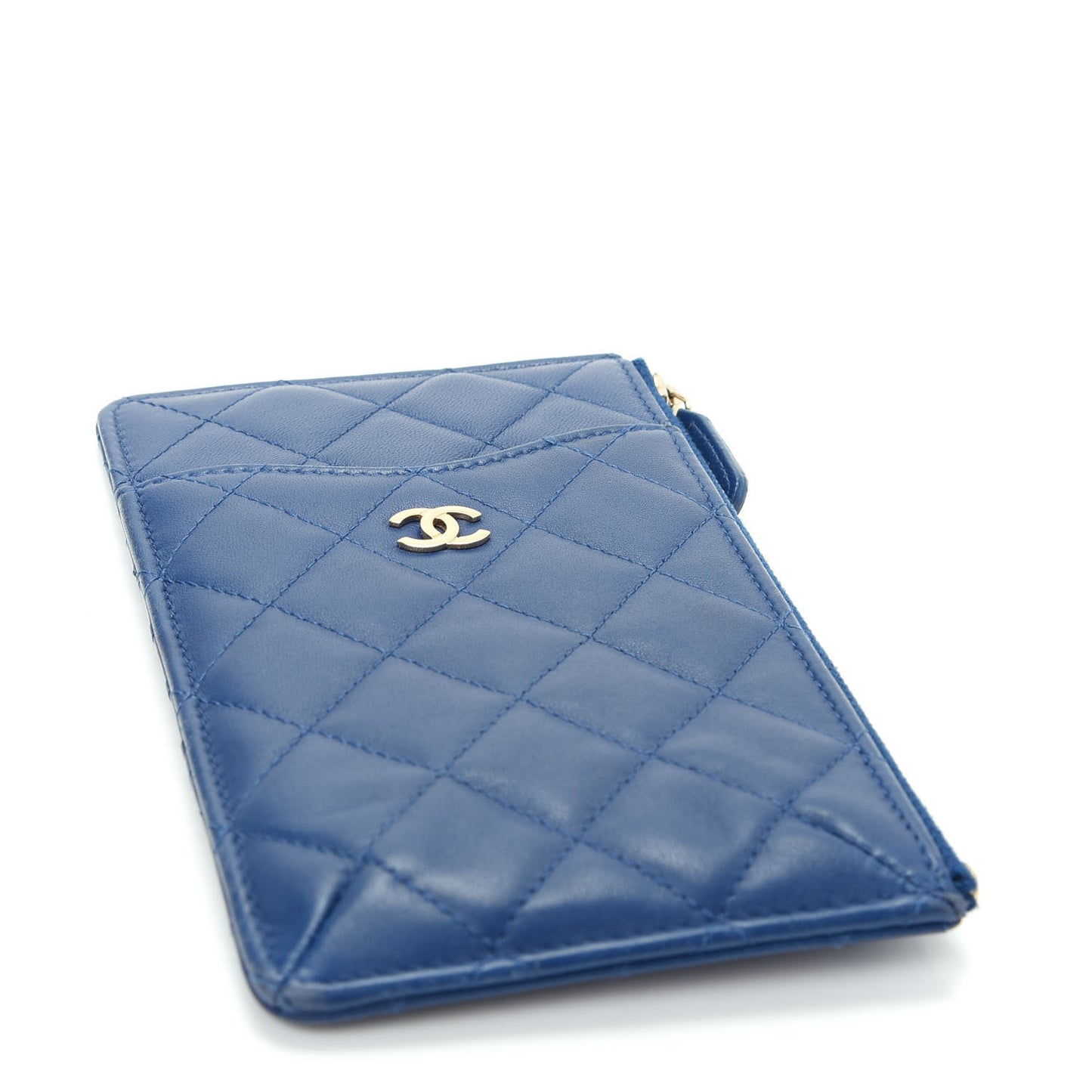 Lambskin Quilted Classic Flat Wallet Pouch Blue