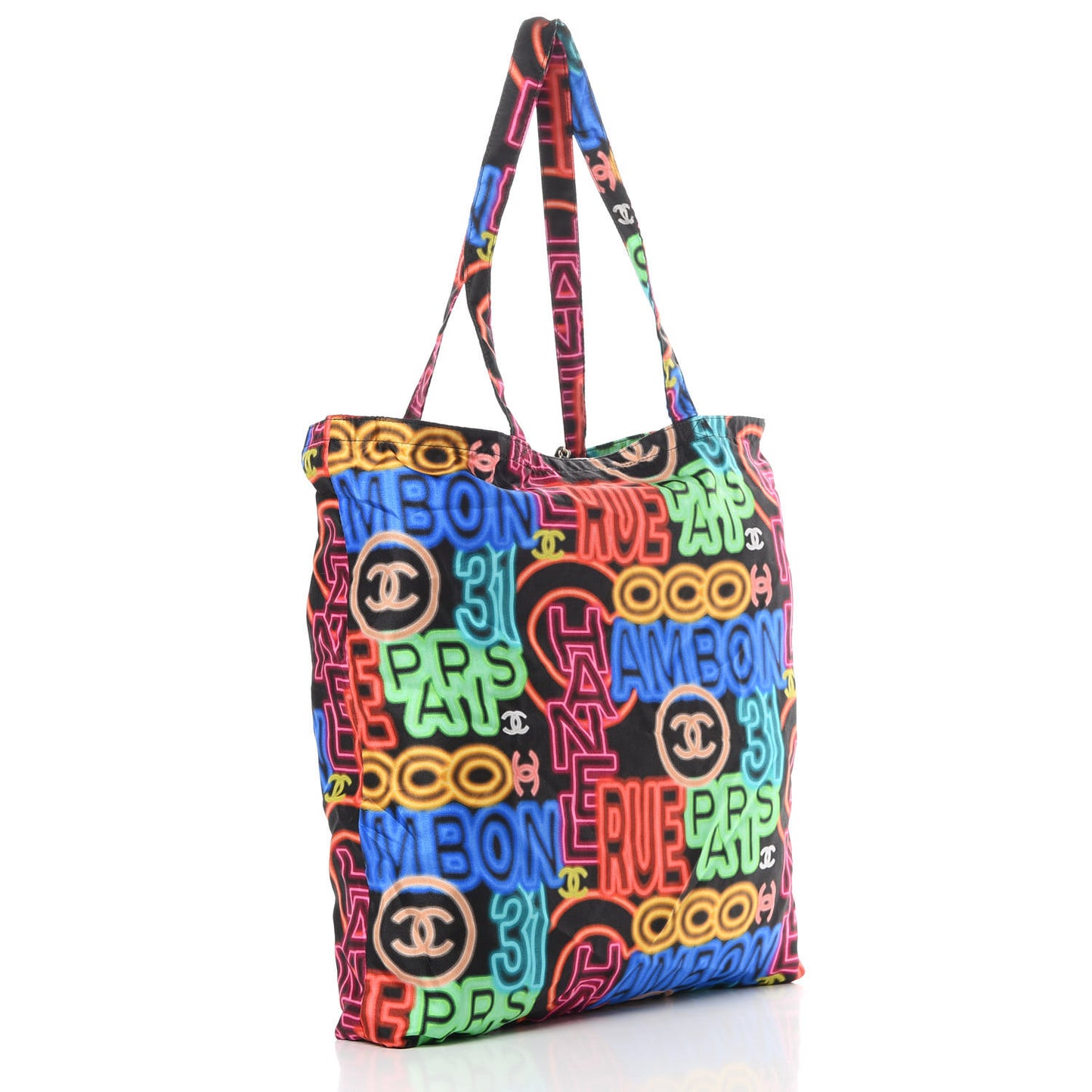 Caviar Fabric Graffiti Foldable Tote Bag With Chain Black Multicolor