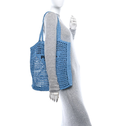 Prada Yarn Raffia Effect Crochet Logo Embroidered Tote Bag Celeste 2 of 9