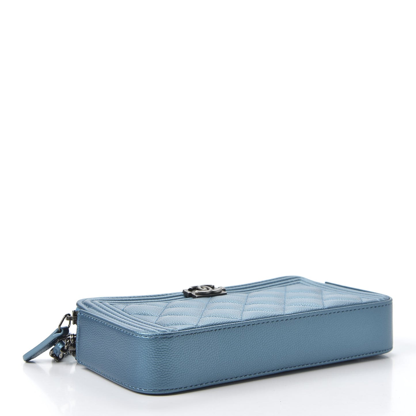 Metallic Caviar Quilted Small Boy Clutch With Chain Turquoise