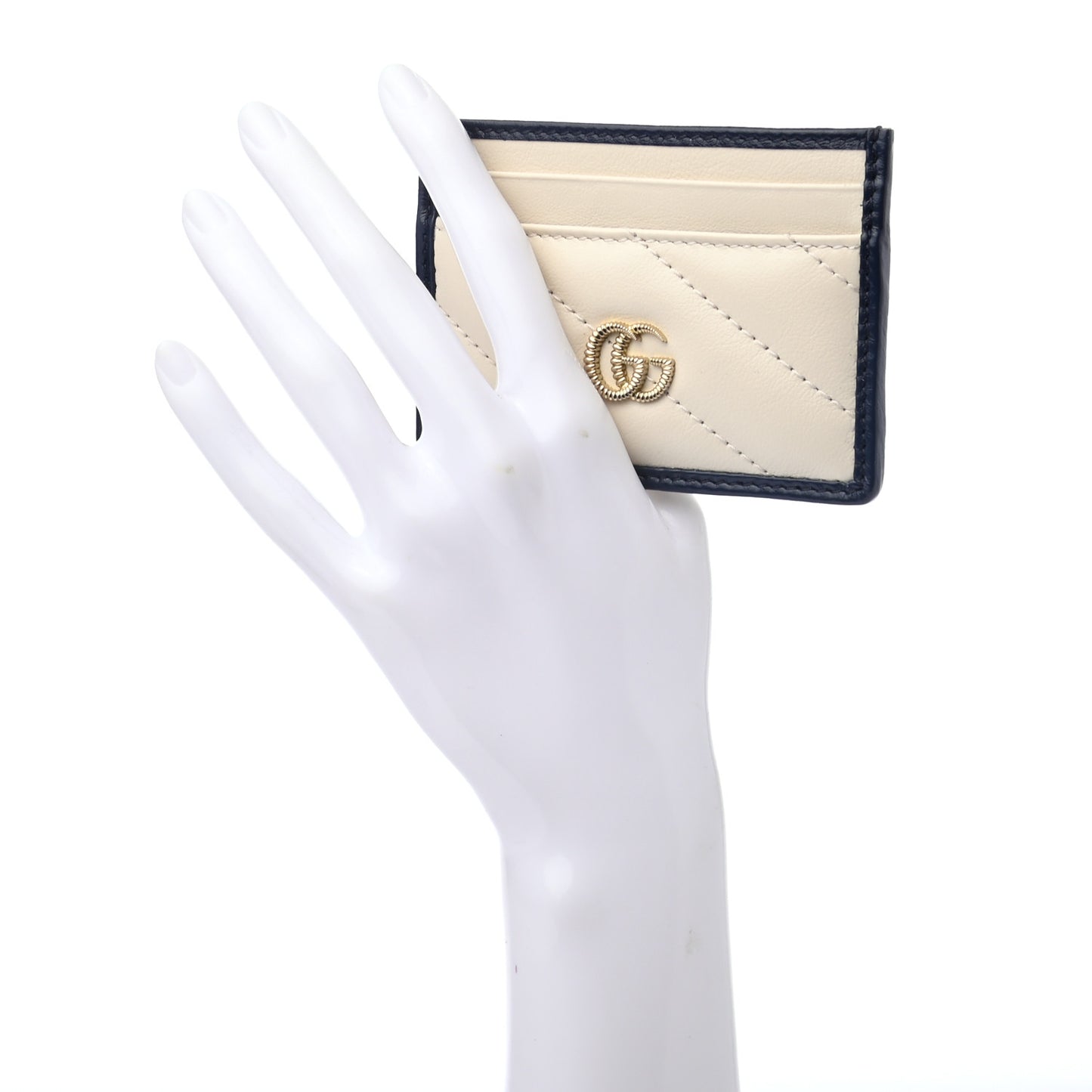 Vintage Effect Calfskin Matelasse Diagonal Torchon GG Marmont Card Holder White Blue Agata
