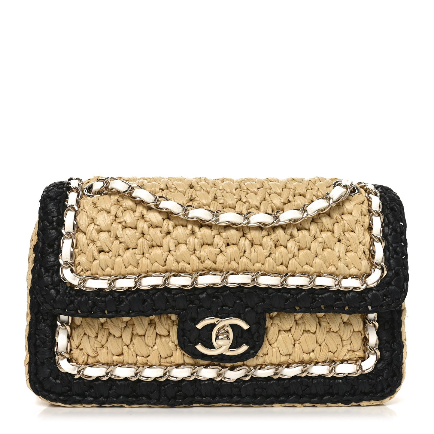 Raffia Chain Venice Beach Flap Bag Beige Black