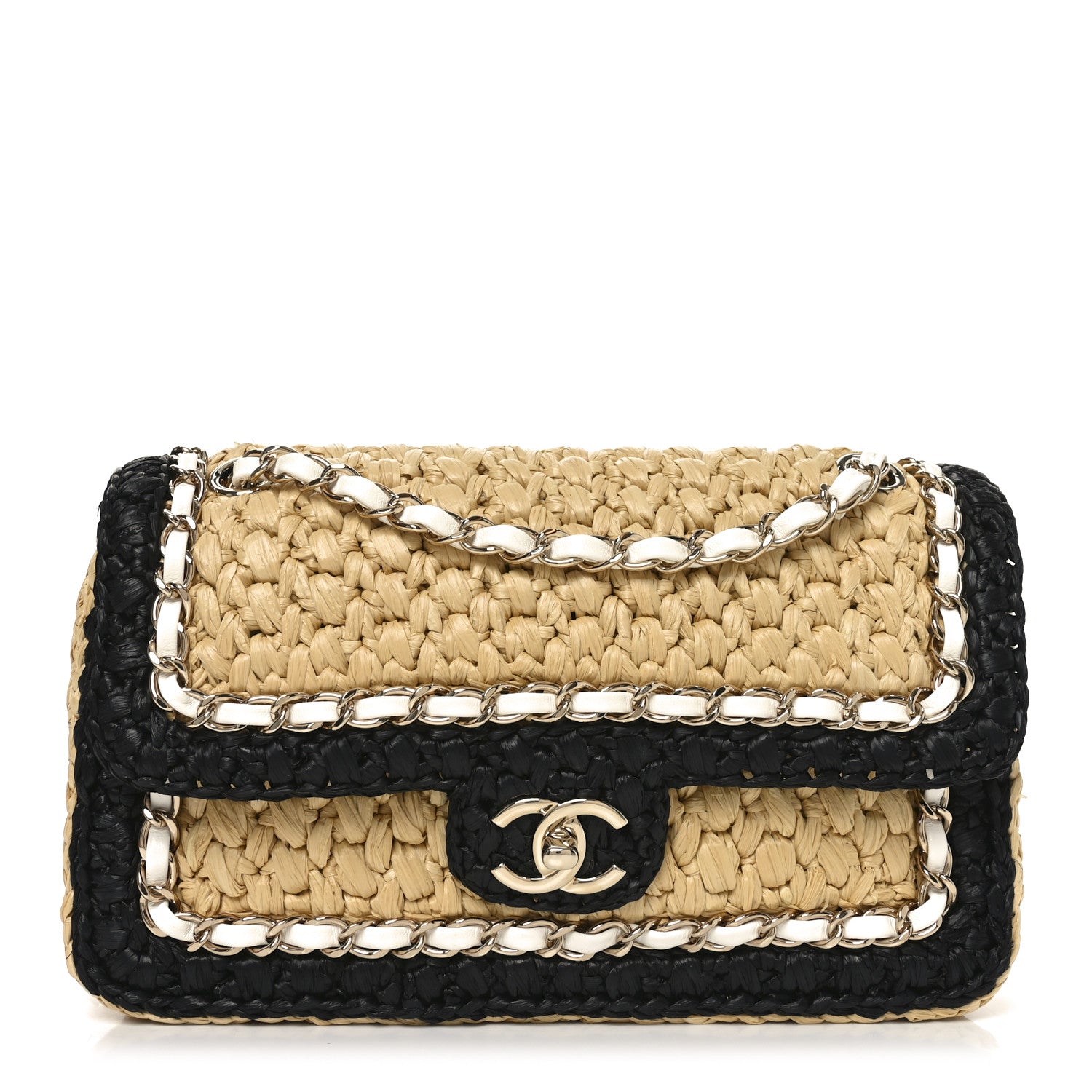 Chanel Raffia Chain Venice Beach Flap Bag Beige Black 1 of 12