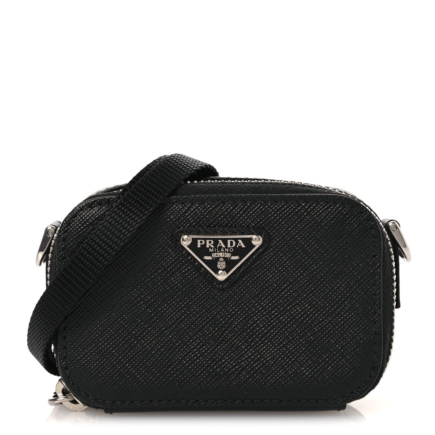 Saffiano Travel Metal Triangle Logo Mini Pouch Shoulder Bag Black