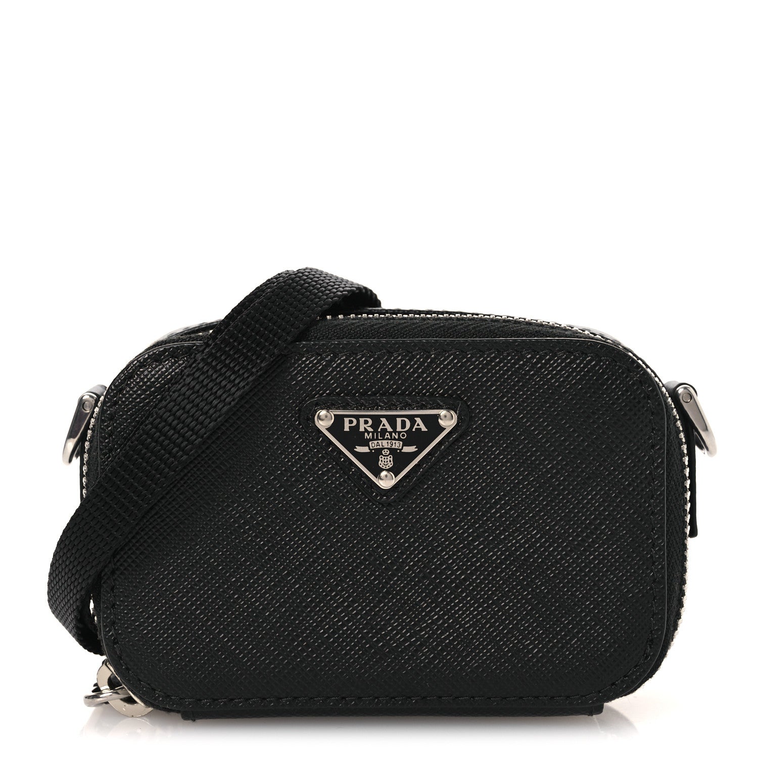 Prada Saffiano Travel Metal Triangle Logo Mini Pouch Shoulder Bag Black 1 of 10