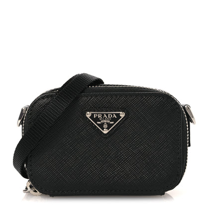 Prada Saffiano Travel Metal Triangle Logo Mini Pouch Shoulder Bag Black 1 of 10