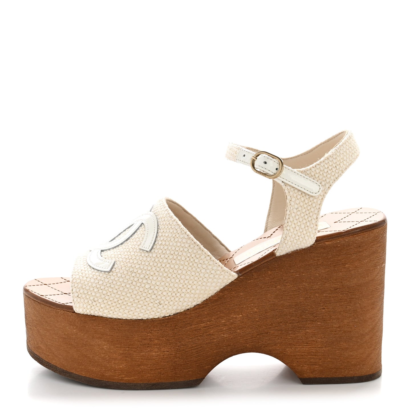 Fabric Patent Calfskin Platform Wedge Sandals 37 Ivory White