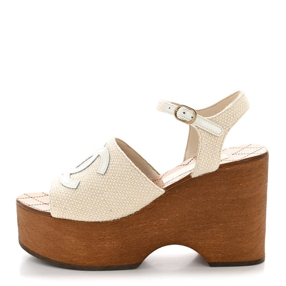 Chanel Fabric Patent Calfskin Platform Wedge Sandals 37 Ivory White 1 of 10