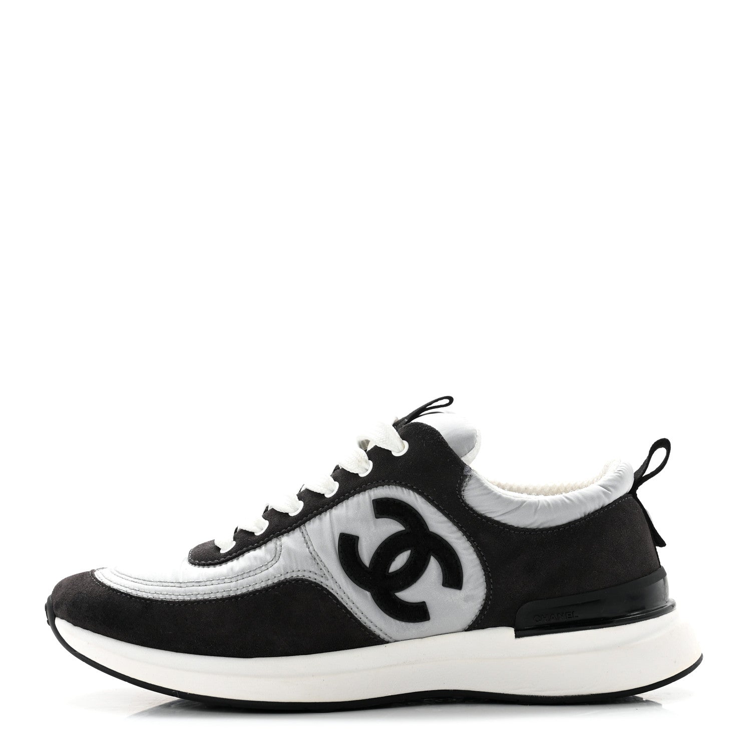 Chanel Nylon Suede Calfskin CC Sneakers 37.5 White Dark Grey 1 of 8