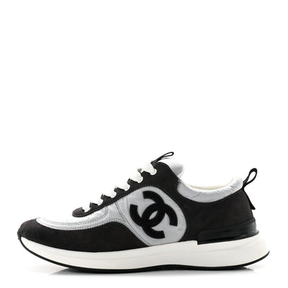 Chanel Nylon Suede Calfskin CC Sneakers 37.5 White Dark Grey 1 of 8