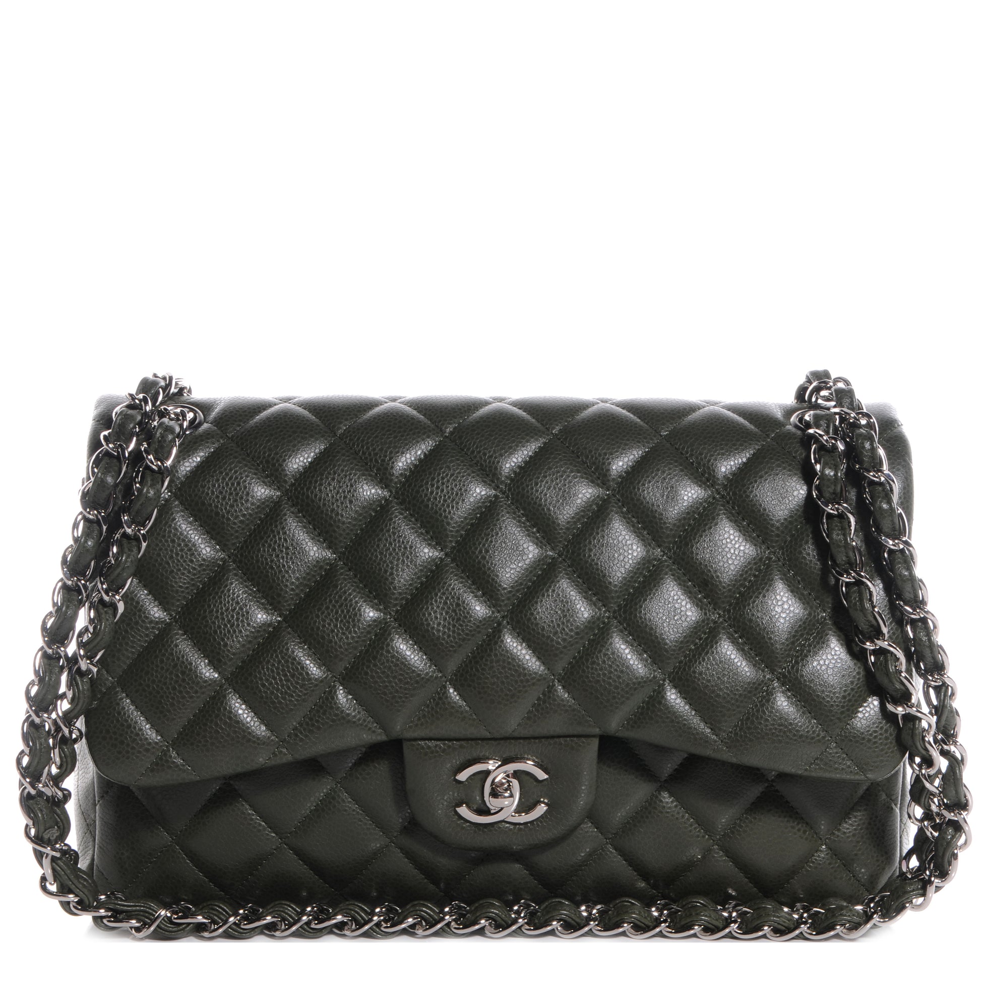 Chanel Caviar Jumbo Double Flap Dark Green 1 of 9