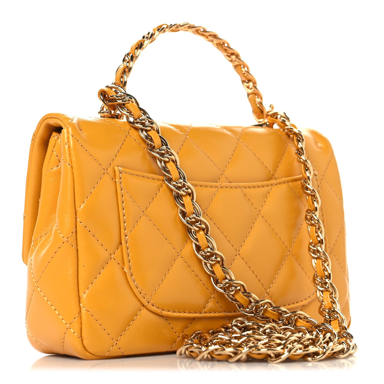 ゴールド クリスマスリース　CHANEL シャネル Chanel Shiny Lambskin Quilted Golden Links Top Handle Flap Yellow