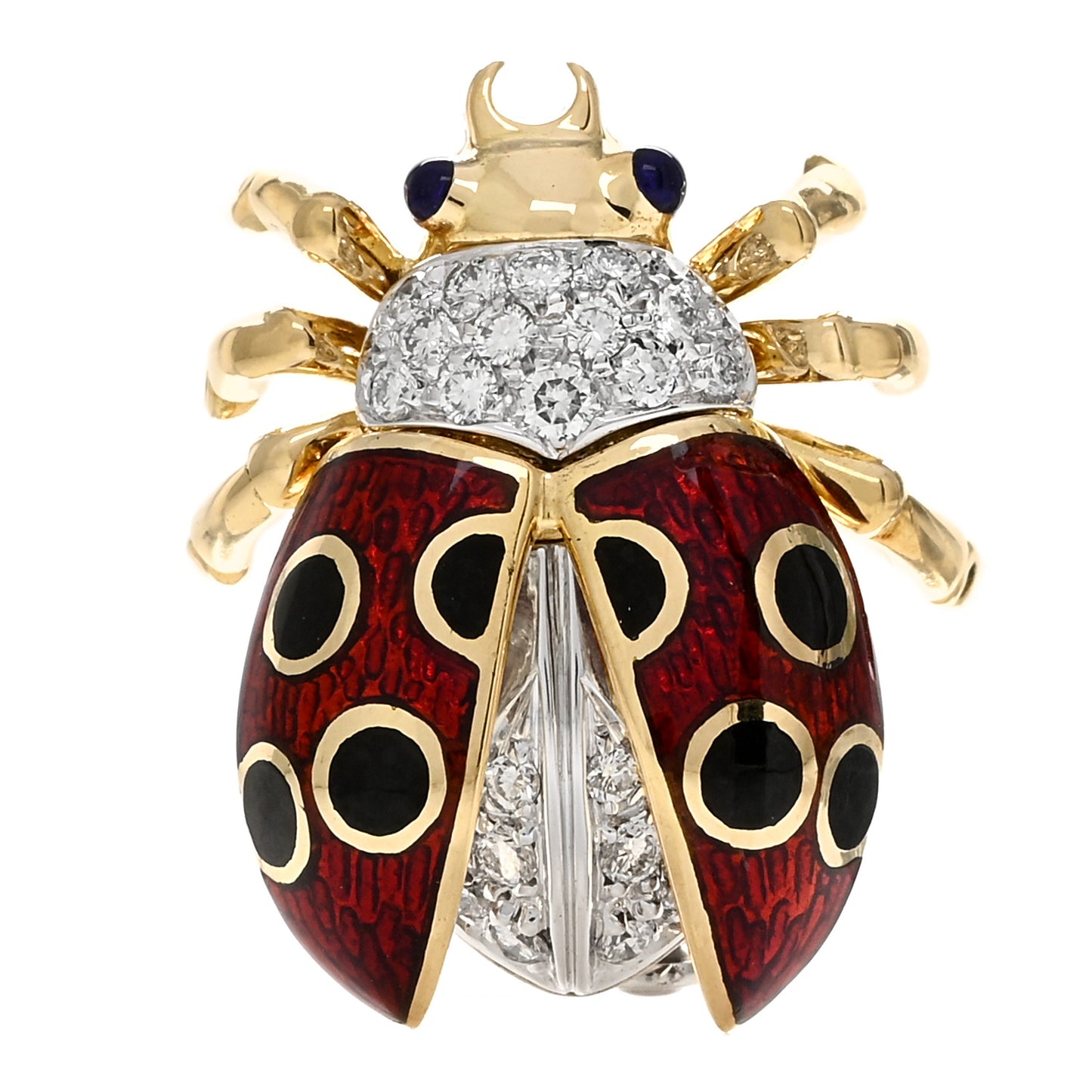 18K Yellow White Gold Diamond Enamel Ladybug Brooch Pin Red