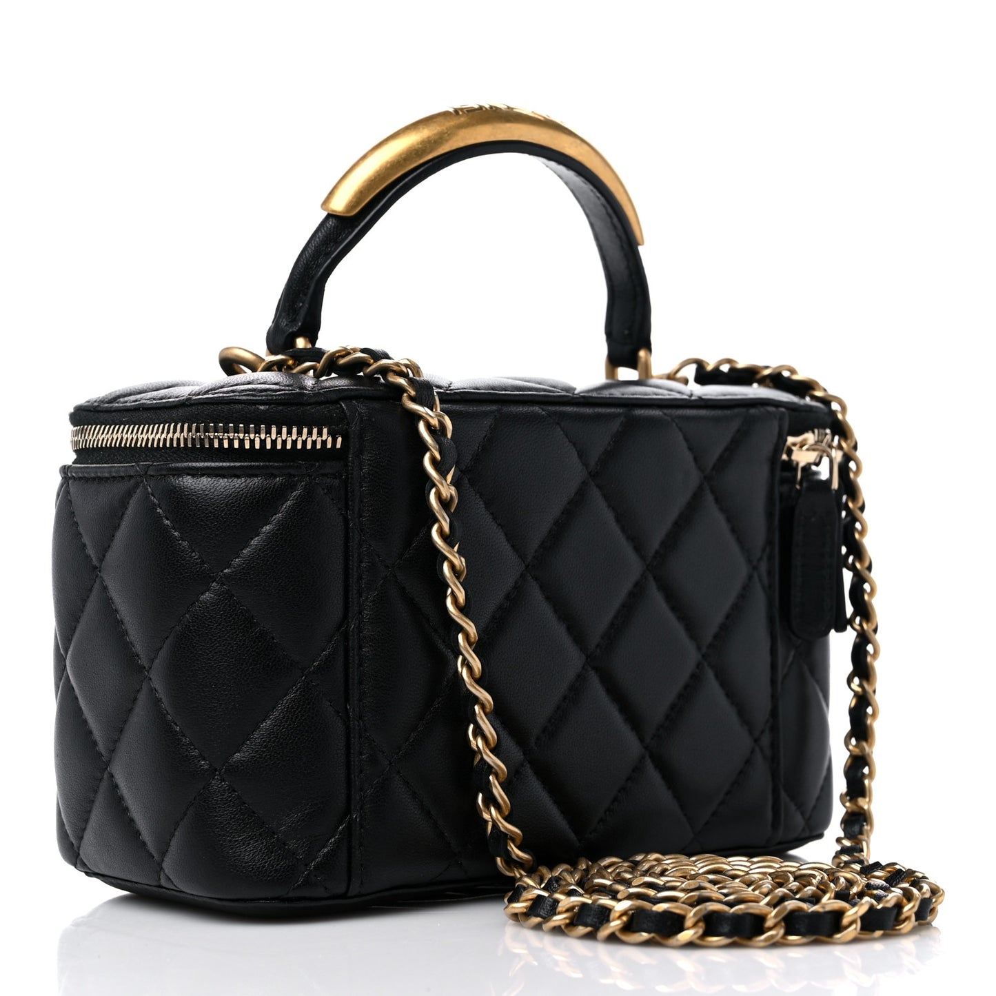 Lambskin Quilted Metal Small Top Handle Vanity Case With Chain Black