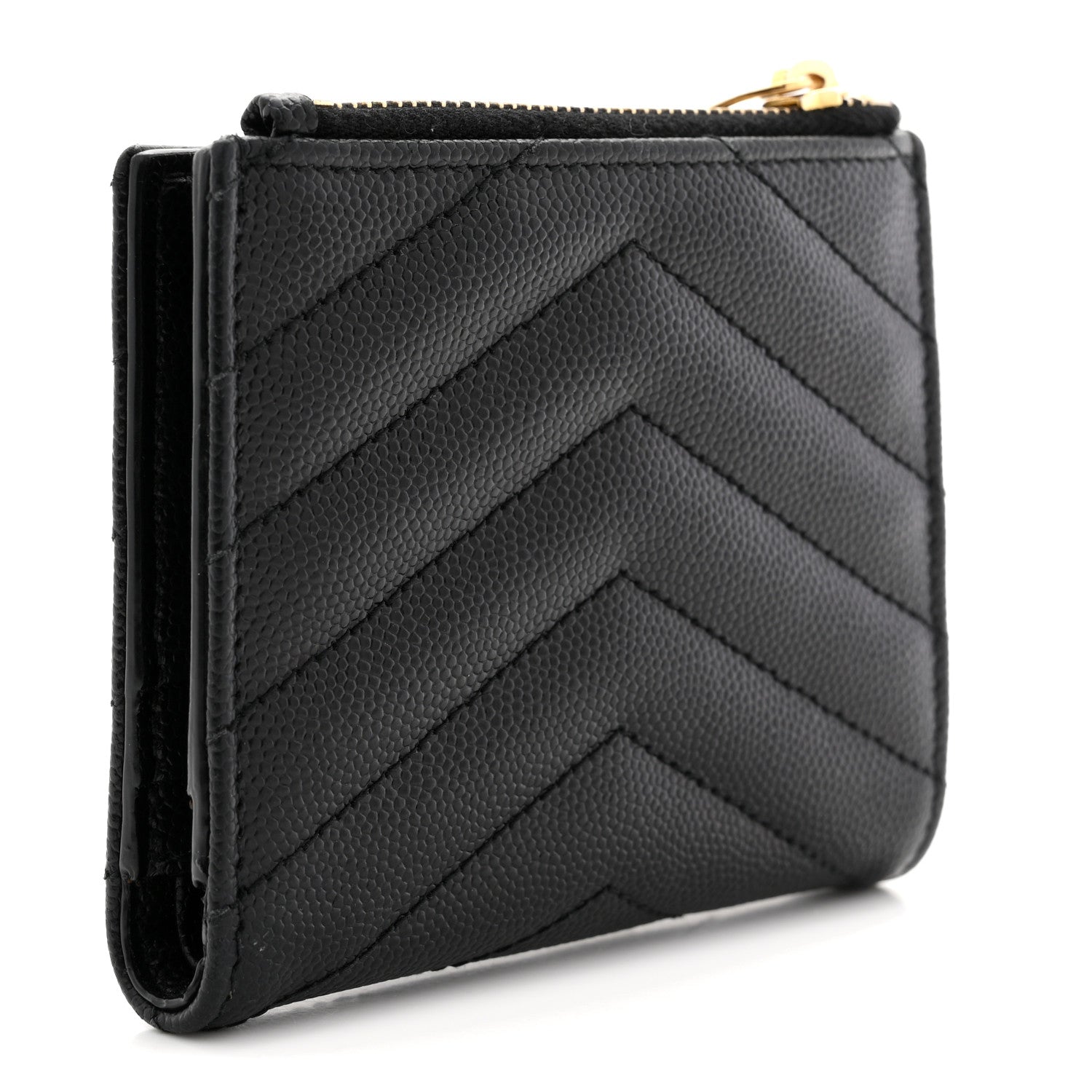 Saint Laurent Grain De Poudre Matelasse Chevron Monogram Zipped Card Case Black 3 of 8