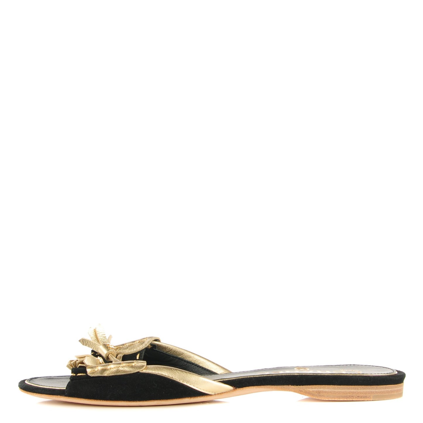 Metallic Lambskin Suede Tassel Sandals 38 Black Gold