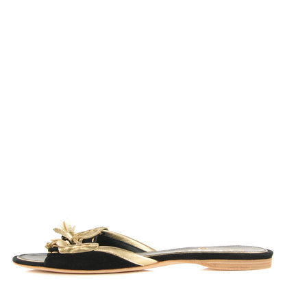 Chanel Metallic Lambskin Suede Tassel Sandals 38 Black Gold 1 of 7
