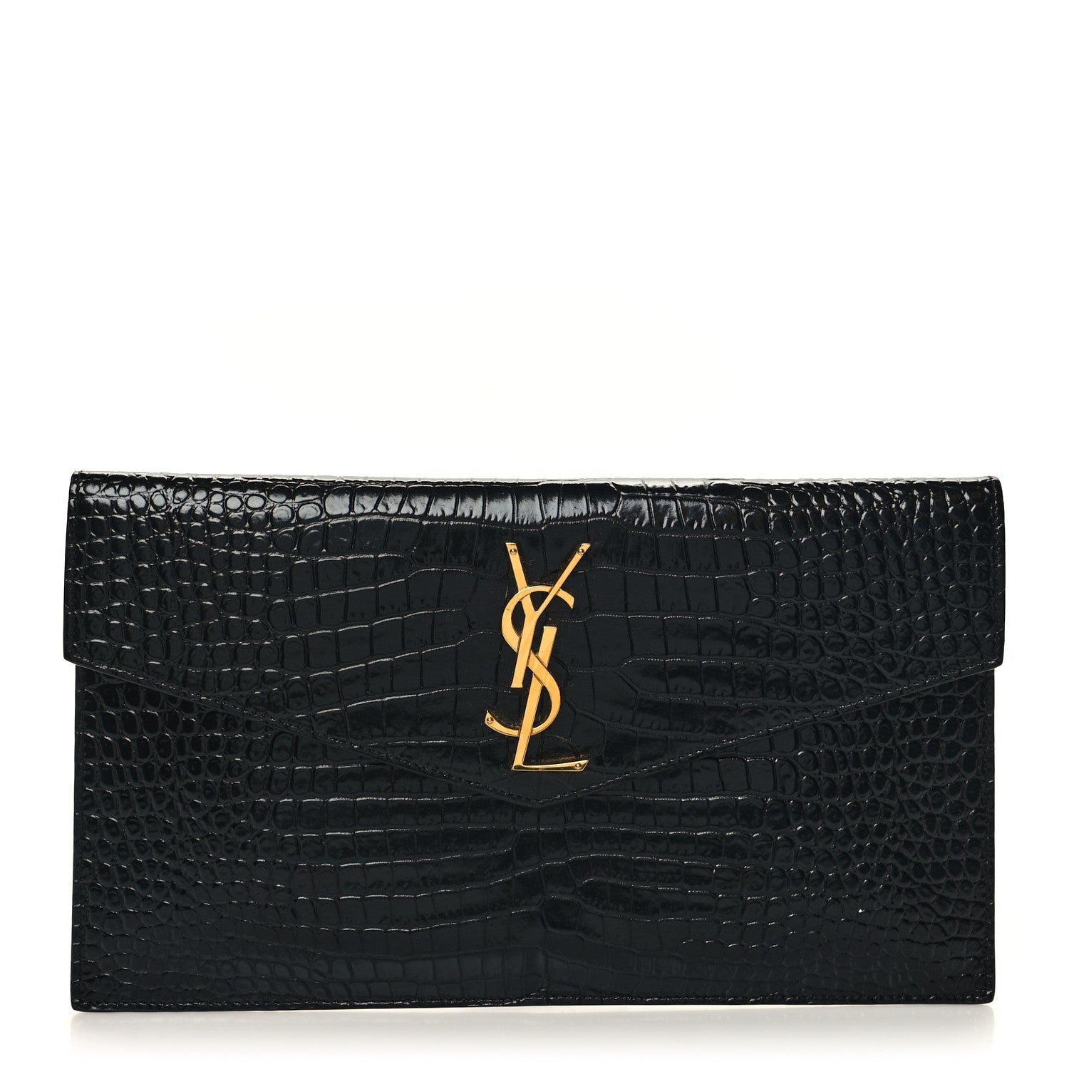 Saint Laurent Calfskin Crocodile Embossed Uptown Monogram Pouch Black 1 of 10