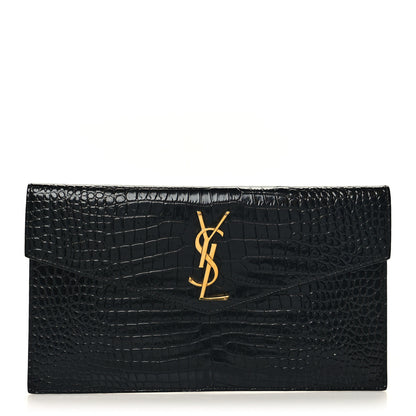 Saint Laurent Calfskin Crocodile Embossed Uptown Monogram Pouch Black 1 of 10