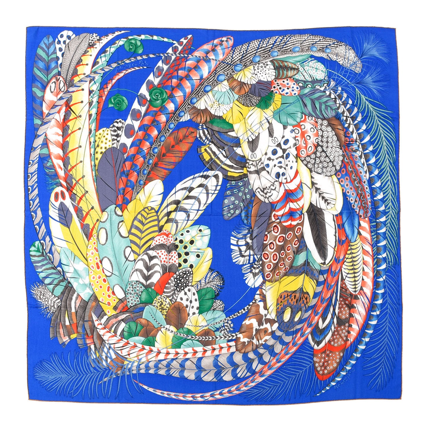 Cashmere Silk Plumes En Fete Shawl 140 Bleu Roy Jaune Rouge