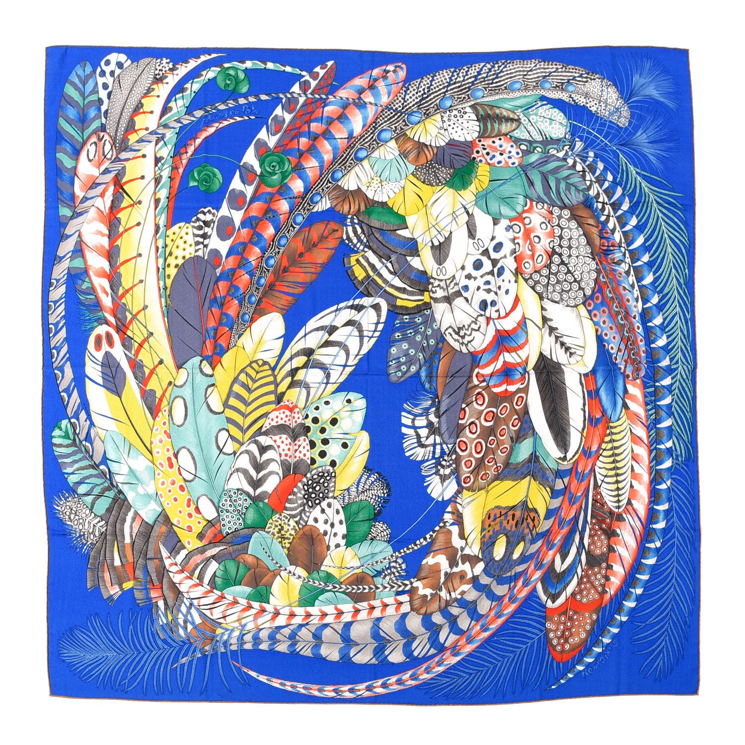 Hermes Cashmere Silk Plumes En Fete Shawl 140 Bleu Roy Jaune Rouge 1 of 7