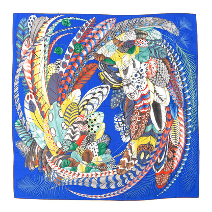 Hermes Cashmere Silk Plumes En Fete Shawl 140 Bleu Roy Jaune Rouge 1 of 7