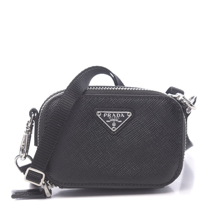 Prada Saffiano Travel Metal Triangle Logo Mini Pouch Shoulder Bag Black 1 of 9