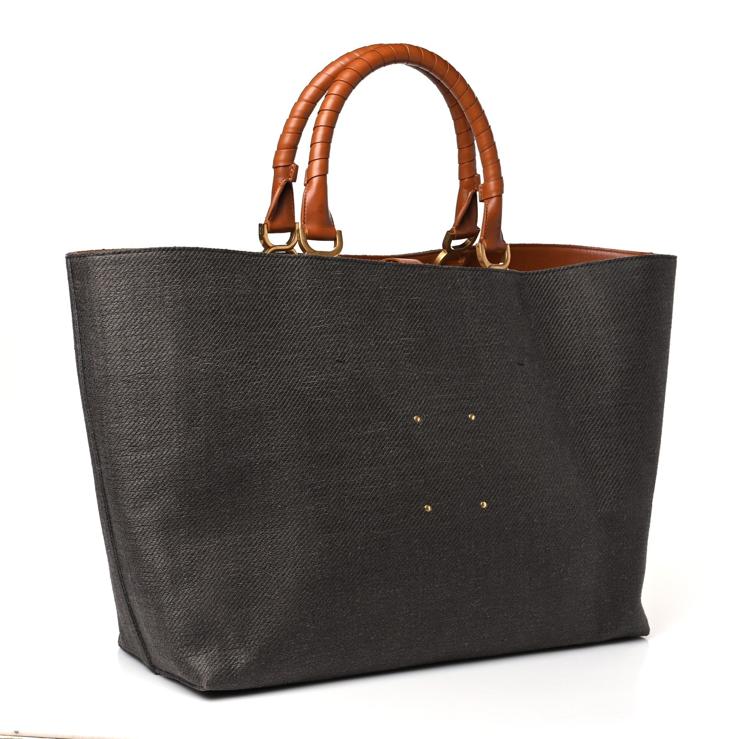 Chloe Linen Canvas Calfskin Large Marcie Tote Black Tan 3 of 9