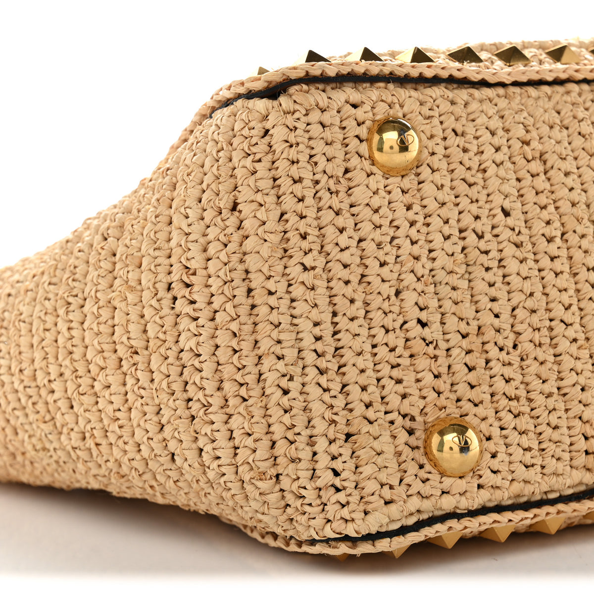 Valentino Garavani Raffia Calfskin Small Rockstud Tote Naturale Saddle Brown 8 of 9