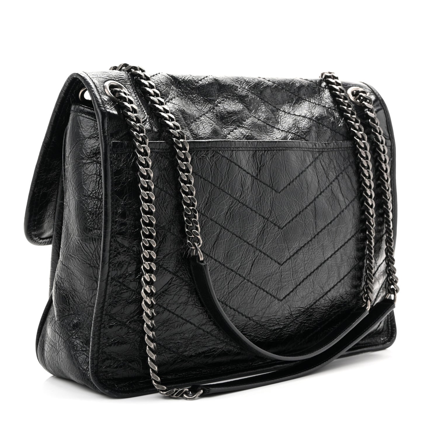 Crinkled Calfskin Matelasse Monogram Large Niki Chain Satchel Black