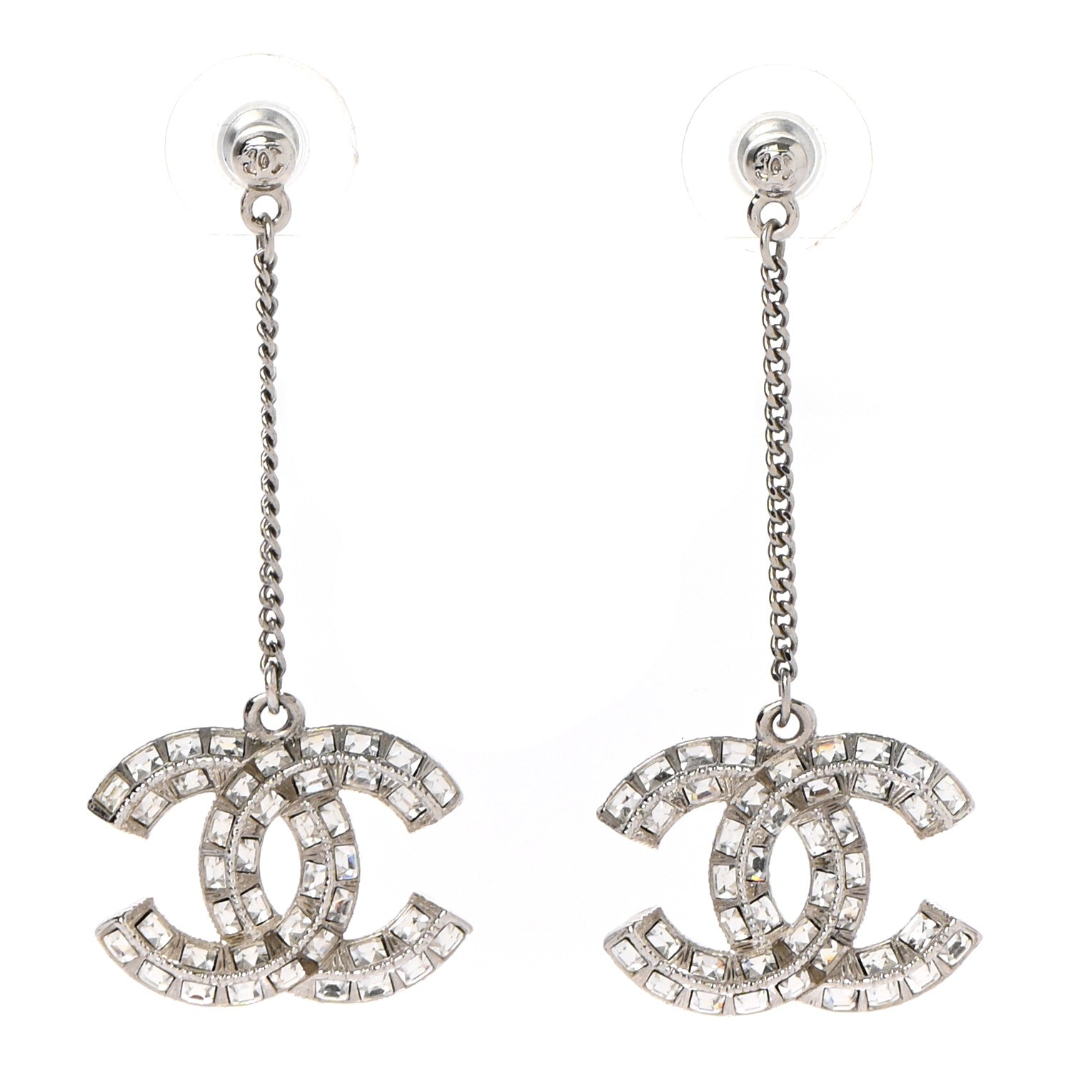 Chanel Baguette Crystal CC Drop Earrings Silver 1 of 4