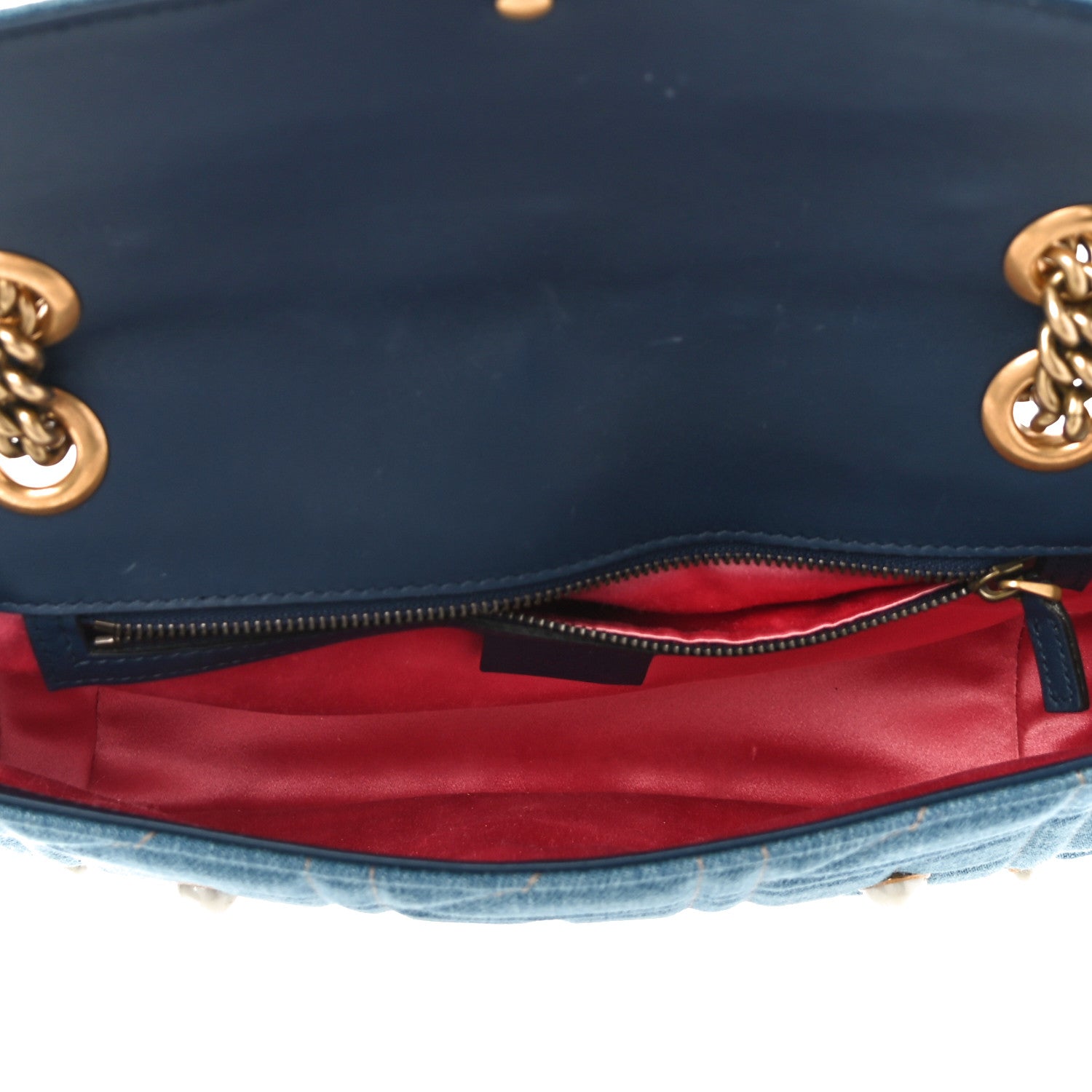 Gucci Denim Matelasse Pearl Studded Small GG Marmont Shoulder Bag Blue 5 of 12
