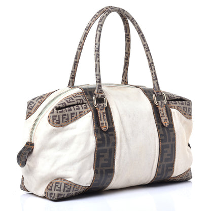 Fendi Canvas Zucca Zucchino Spalmati Mixed Media Boston White Mogano Panna 3 of 14