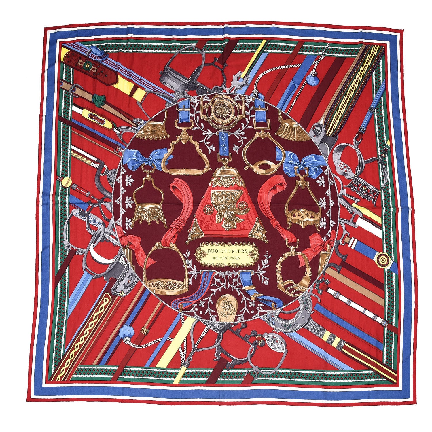 Hermes Cashmere Silk Duo D'Etriers Shawl 140 Rouge Bordeaux Jaune Vif 1 of 5