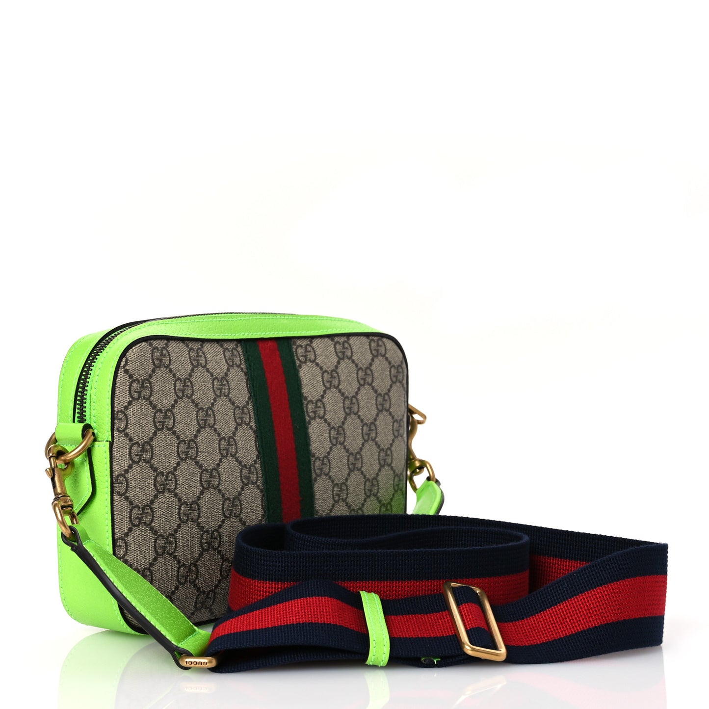 GG Supreme Monogram Textured Dollar Calfskin Web Ophidia Wristlet Shoulder Bag Beige Ebony Green