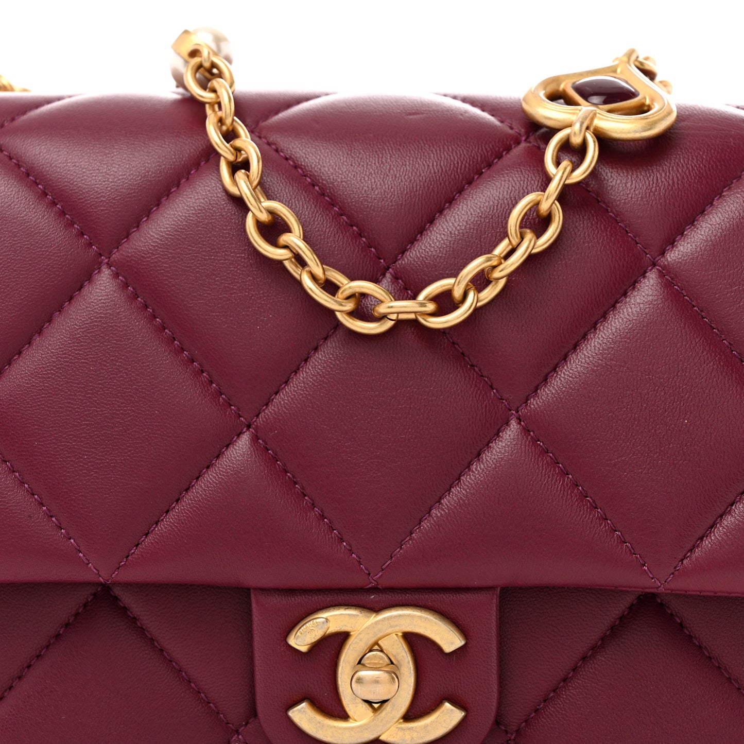 Lambskin Enamel Pearl Quilted Mini Charm Me Square Flap Dark Purple