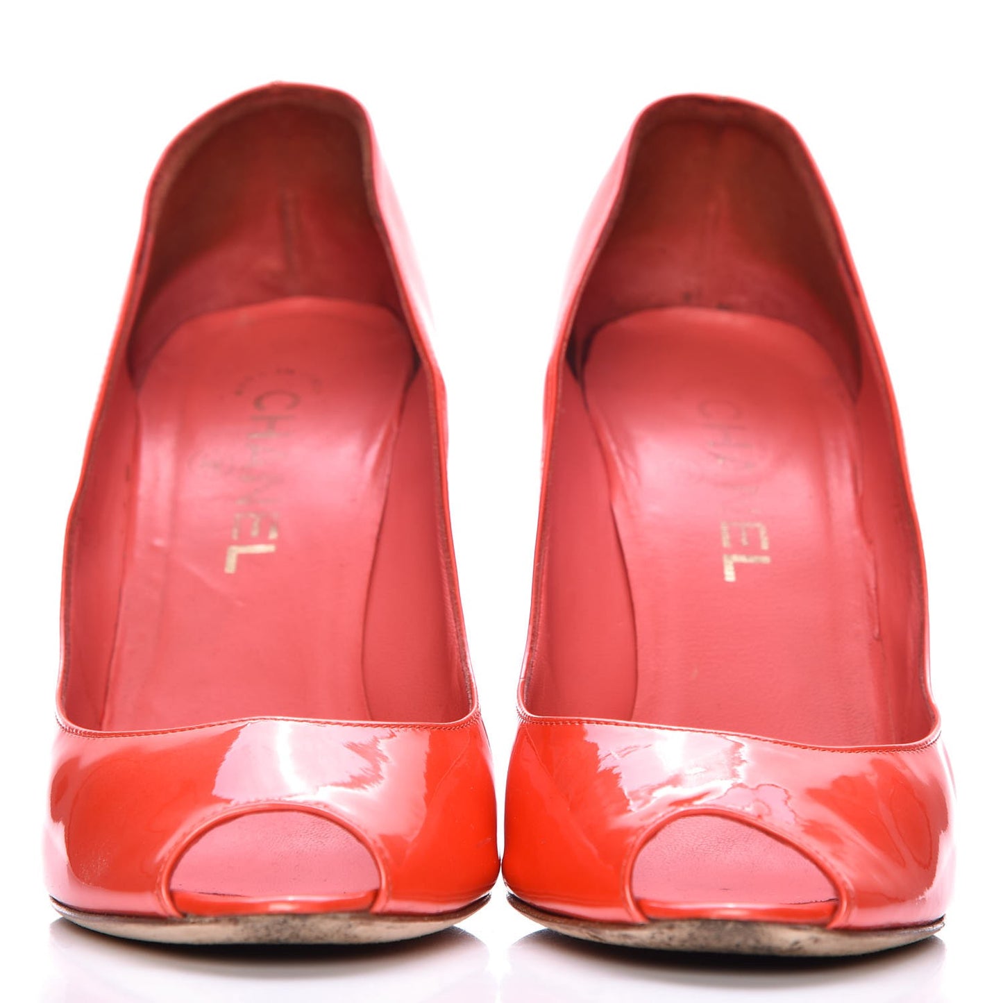 Patent Calfskin CC Peep Toe Pumps 39.5 Rouge Clair