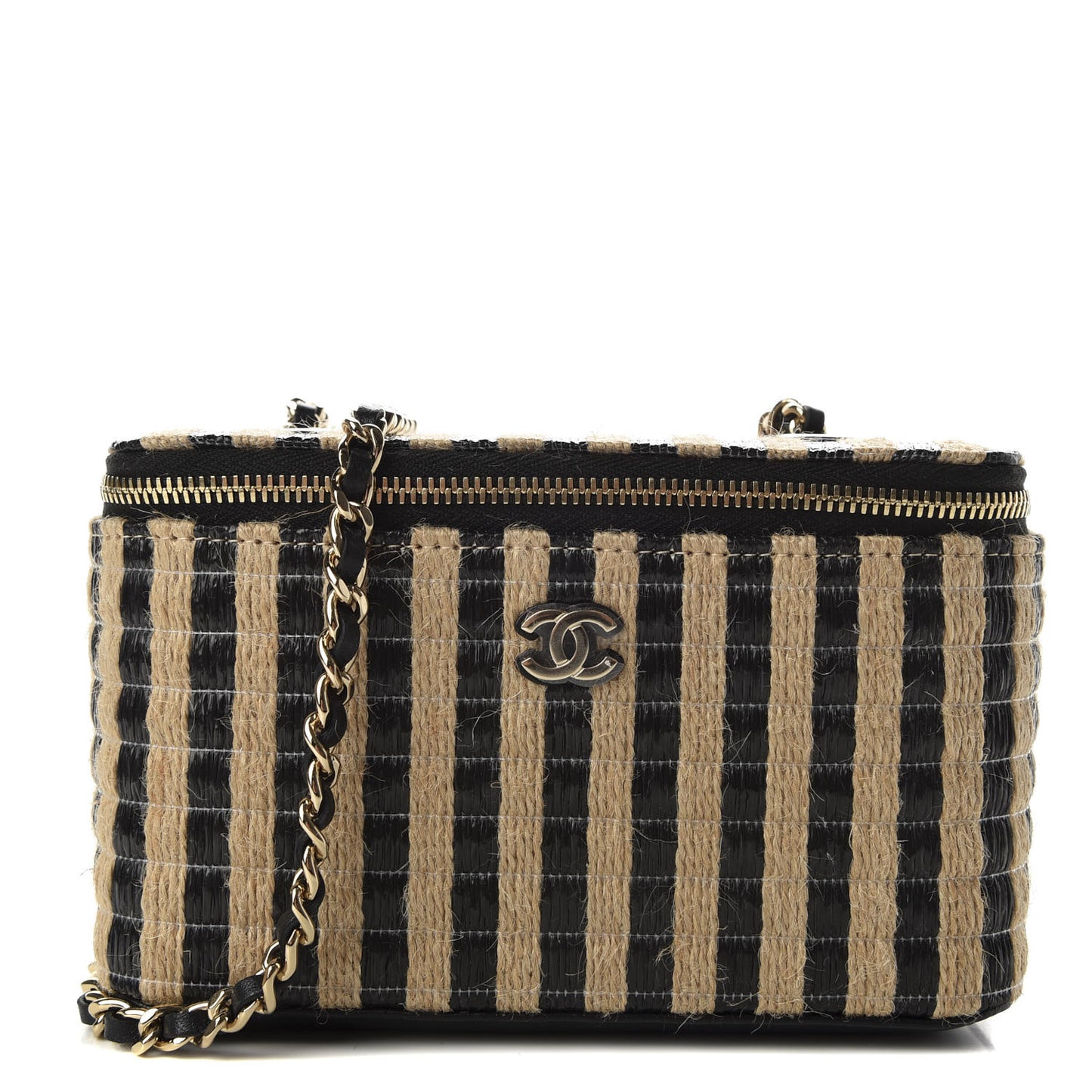Raffia Jute Striped Small Vanity Case With Chain Black Beige