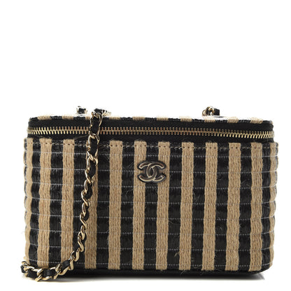 Chanel Raffia Jute Striped Small Vanity Case With Chain Black Beige 1 of 11