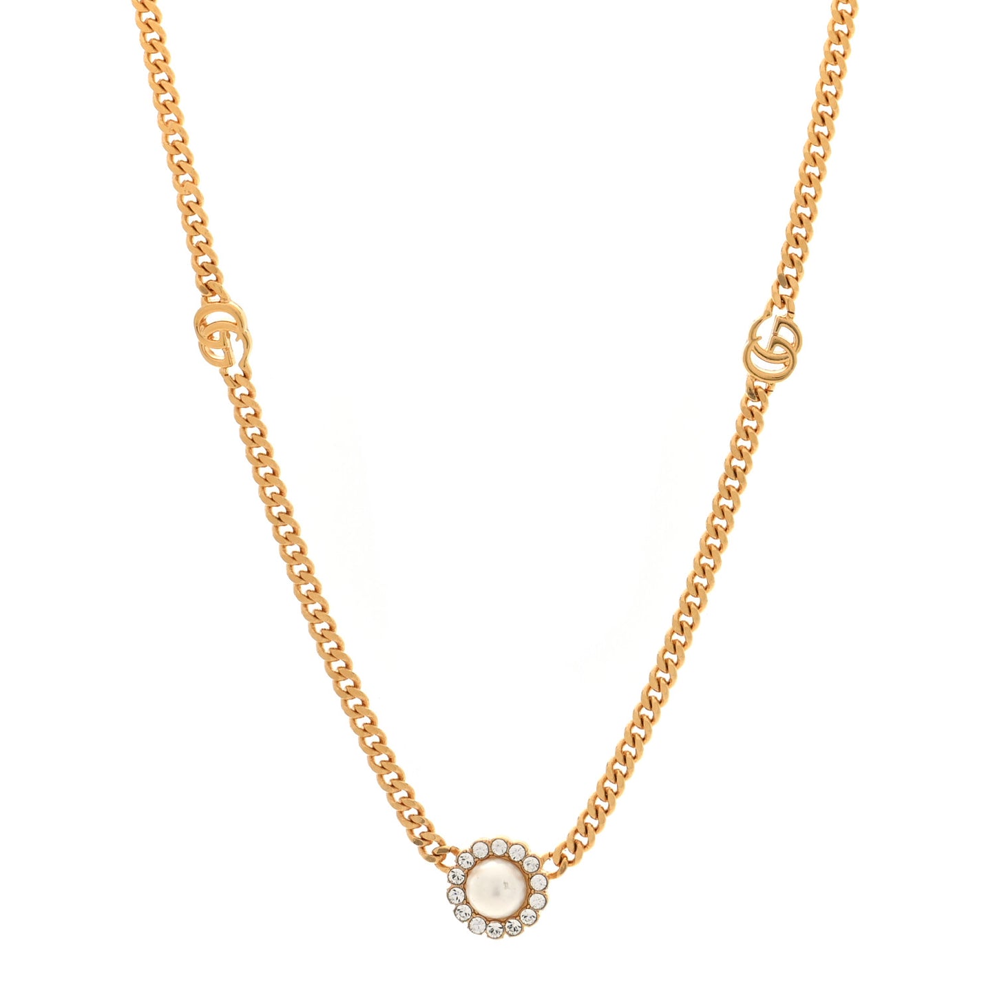 Crystal Pearl Double G Marmont Flower Necklace Gold