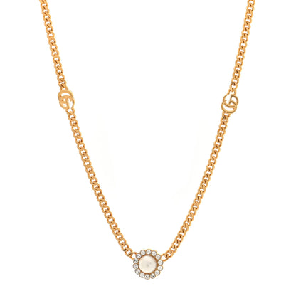 Gucci Crystal Pearl Double G Marmont Flower Necklace Gold 1 of 4