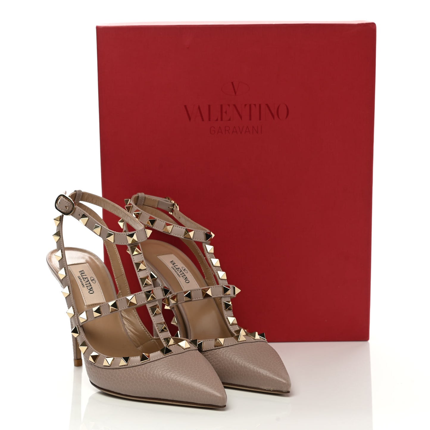 Pebbled Calfskin Rockstud Ankle Strap Pumps 36 Poudre