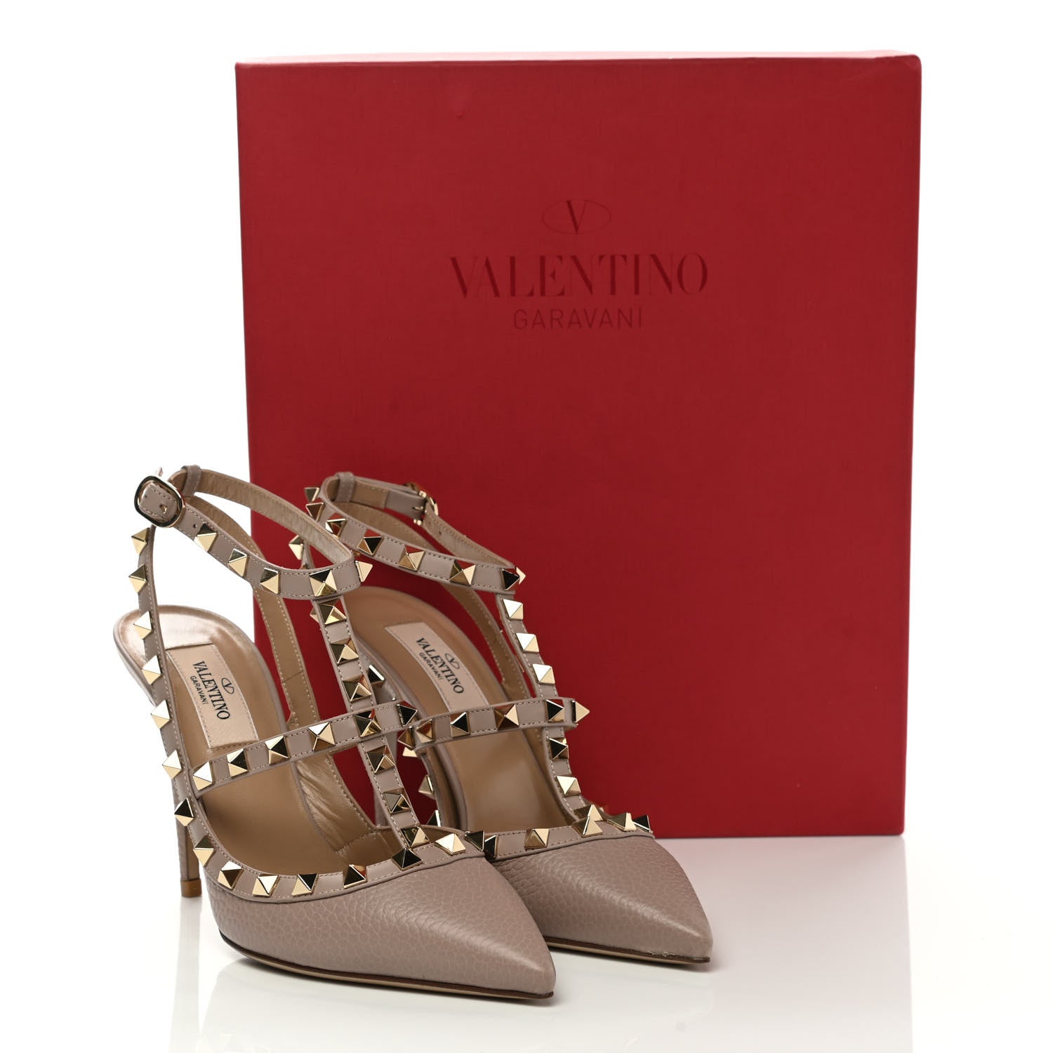 Valentino Garavani Pebbled Calfskin Rockstud Ankle Strap Pumps 36 Poudre 9 of 9