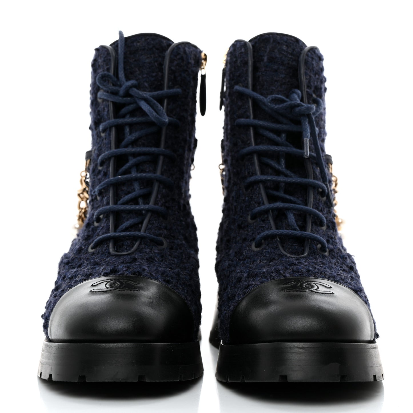 Wool Tweed Calfskin Chain Lace Up Combat Boots 39.5 Navy Blue Black