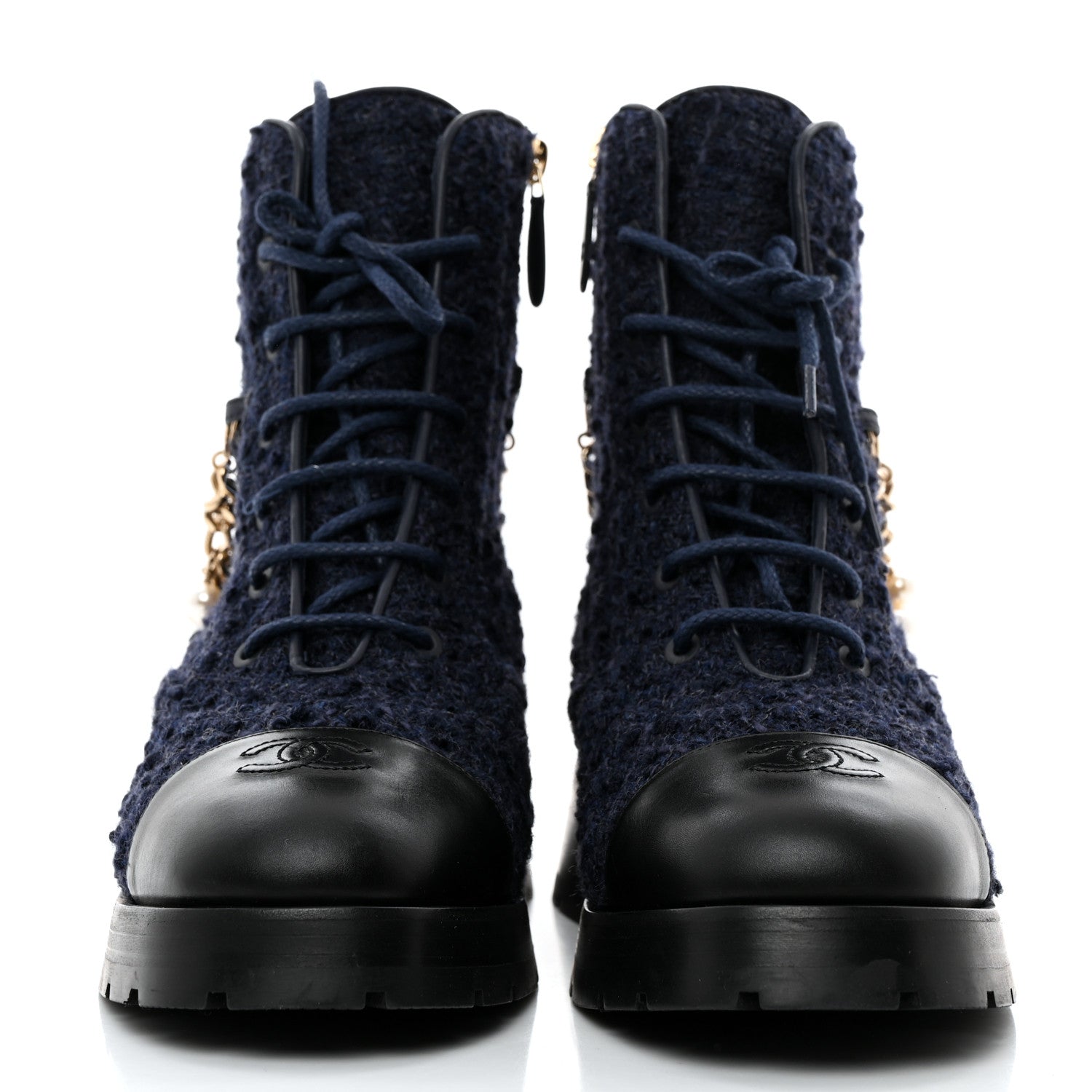 Chanel Wool Tweed Calfskin Chain Lace Up Combat Boots 39.5 Navy Blue Black 2 of 9