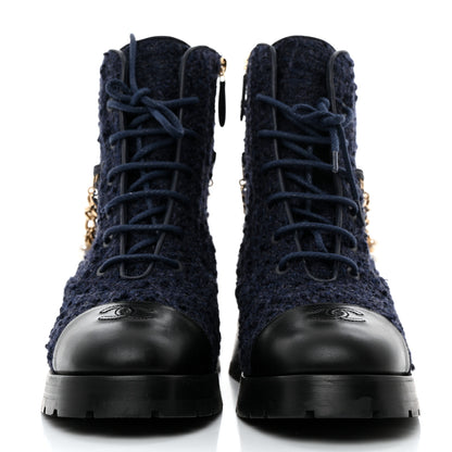 Chanel Wool Tweed Calfskin Chain Lace Up Combat Boots 39.5 Navy Blue Black 2 of 9